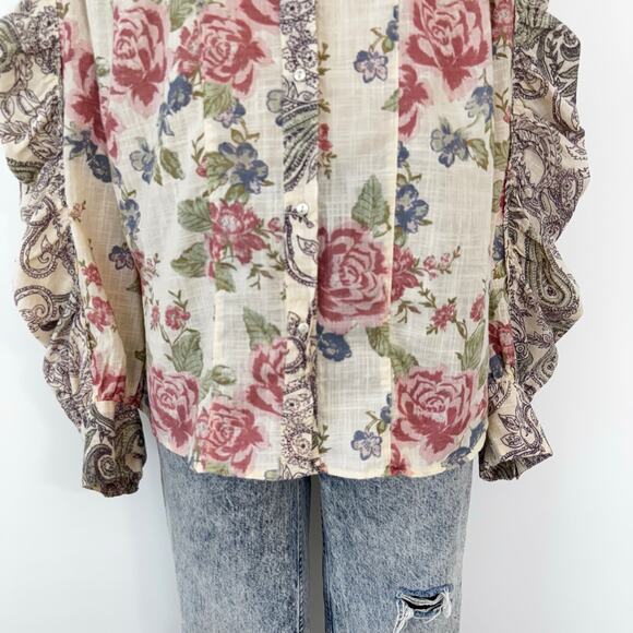 Free People Maraya Floral-Print Puff-Sleeve Top Blouse Button Down Shirt L - Picture 5 of 11